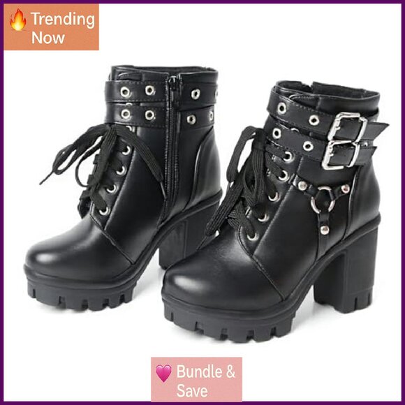 Chunky Platform Combat Boots with Buckle Zipper Rivets 3.5 Inch Heel - Picture 4 of 8